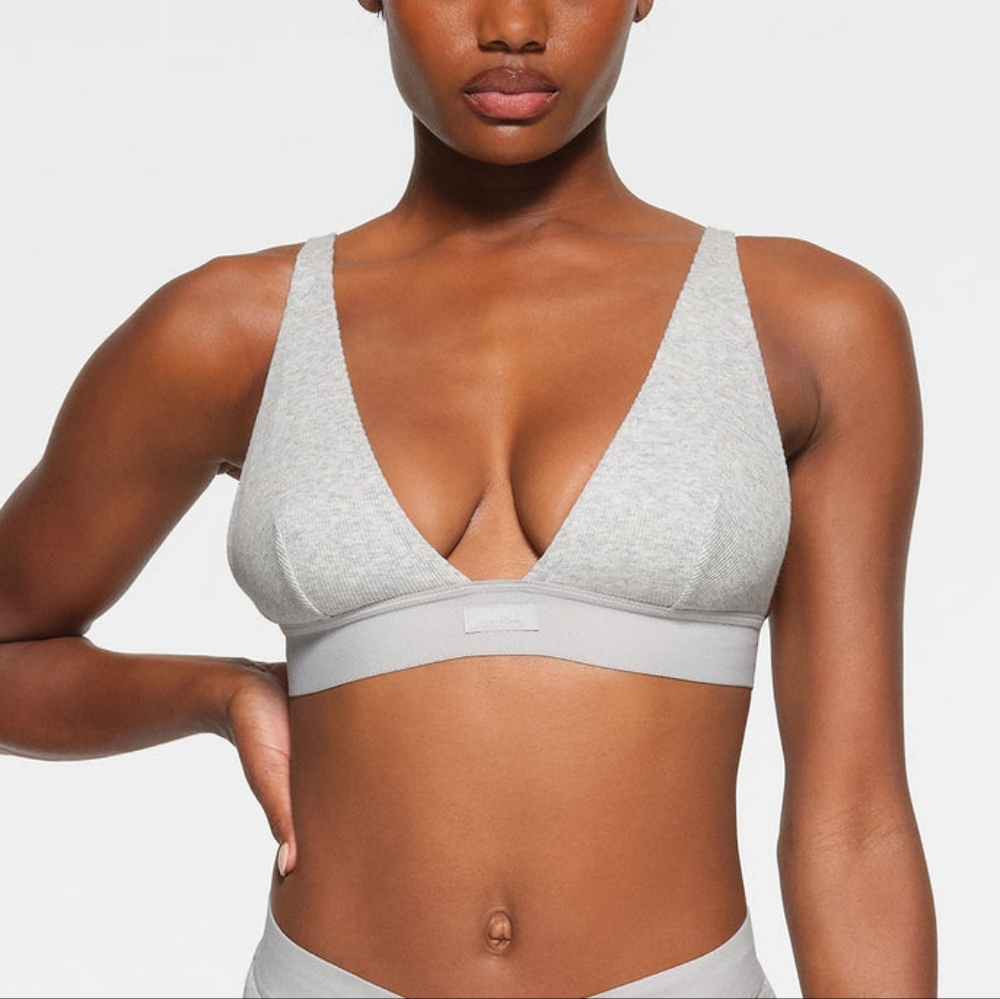NWT SKIMS COTTON RIB PLUNGE BRALETTE , XSMALL, LIGHT HEATHER GREY